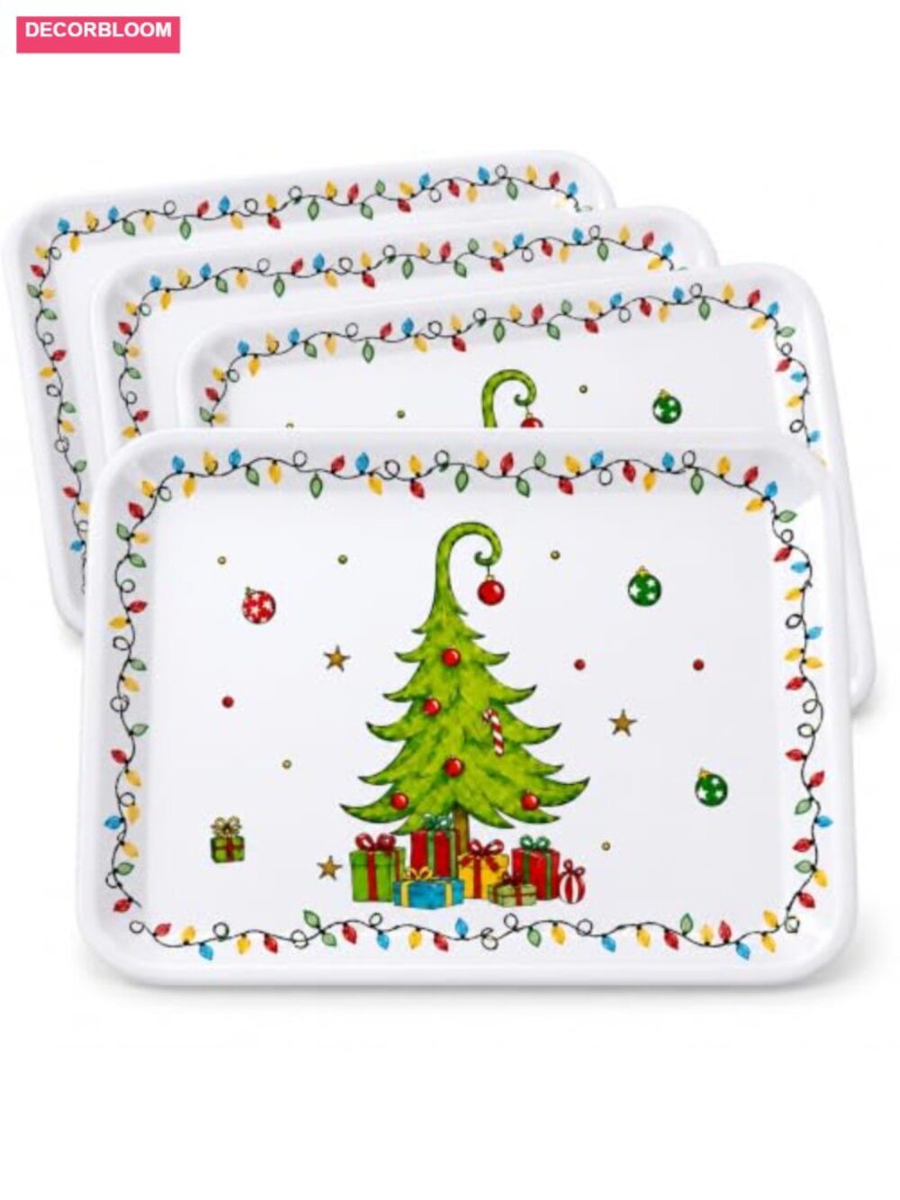 Melamine Christmas Tree Serving Tray Set 4 Pc Rectangular Platters Holiday